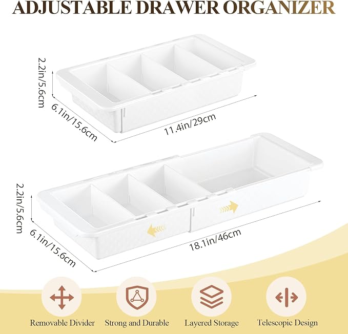 6 Pcs Expandable Drawer Organizer Bins Adjustable Deep Drawer Hanging Organizer Tray Expandable 11.4 to 18.1 Inches Plastic Dividers Storage for Office Bathroom Bedroom Kitchen Desk, White