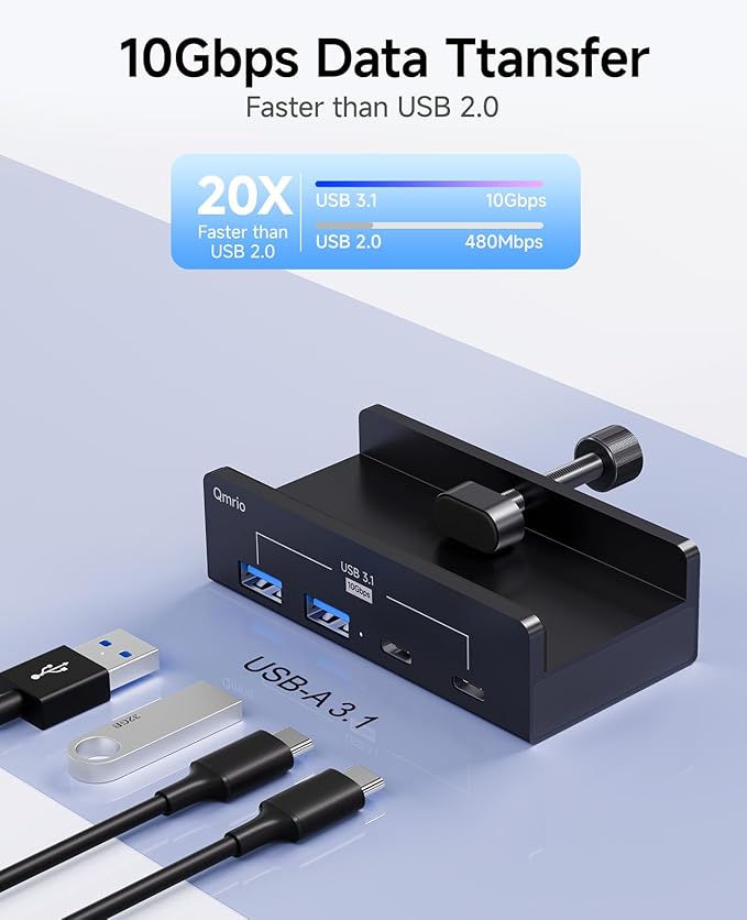 USB Hub 3.1, 10Gbps Clamp USB Hub with 2 USB-A Data Ports, 2 USB-C Port with Extra Power Supply Port (Black)