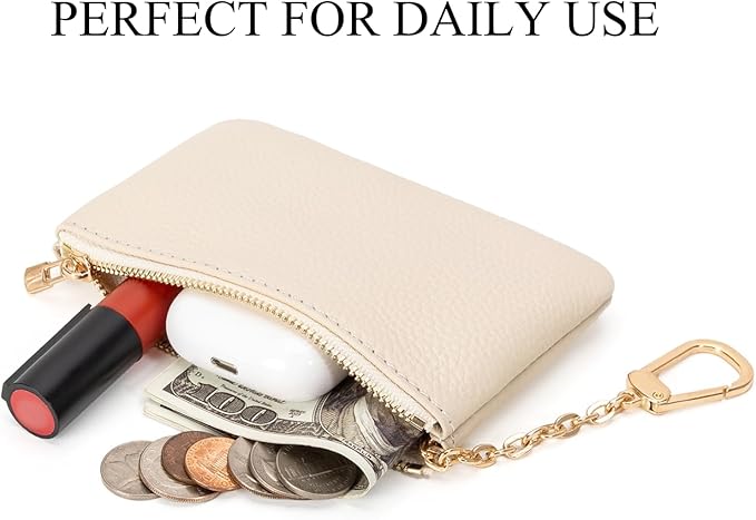 Full Grain Leather Coin Purse with Key Chain - Small Change Purse Keychain Card Holder Keychain Pouch Small Keychain Wallet for Women and Men (Creamy-white, Large Size)