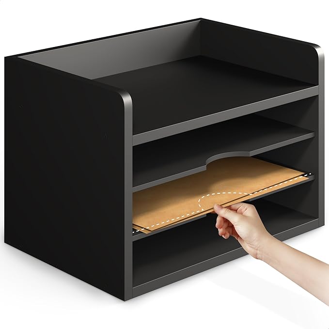 Ballucci File Organizer, 4-Tier Office Desk Organizer, Open Top Wood Paper Organizer for Classroom, Desktop Mail Sorter Paper Tray, Black