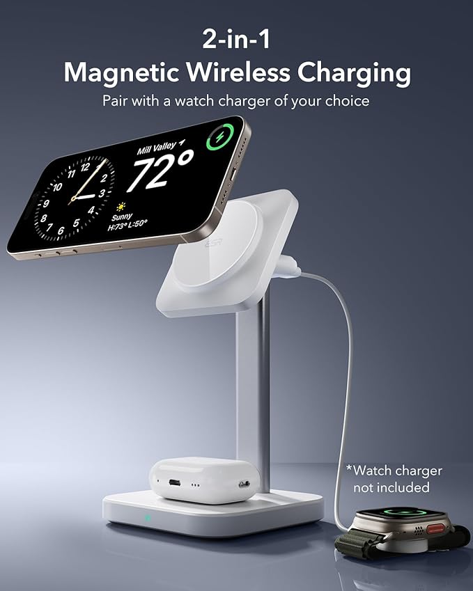 ESR 2 in 1 Charging Station for Apple, MagSafe Charger Stand for iPhone [Certified], Magsafe Charging Station for Multiple Devices iPhone 16/15/14/13/12, Apple Watch, & AirPods, White