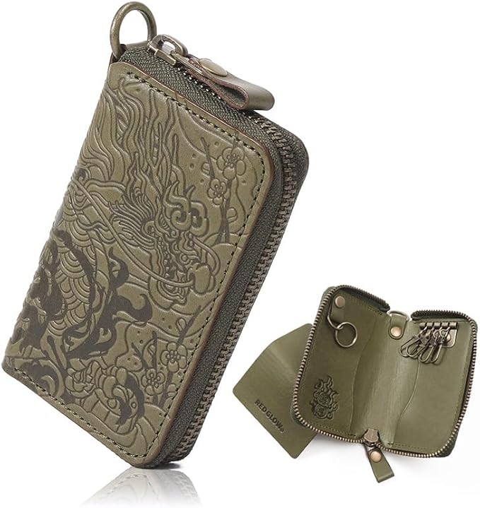 Red Glow Men’s Genuine Leather Smart Key Case, Multi-Function Dragon Pattern with 4 Key Rings & Removable Ring (RG-009)