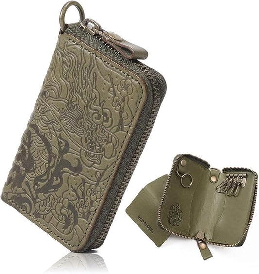 Red Glow Men’s Genuine Leather Smart Key Case, Multi-Function Dragon Pattern with 4 Key Rings & Removable Ring (RG-009)