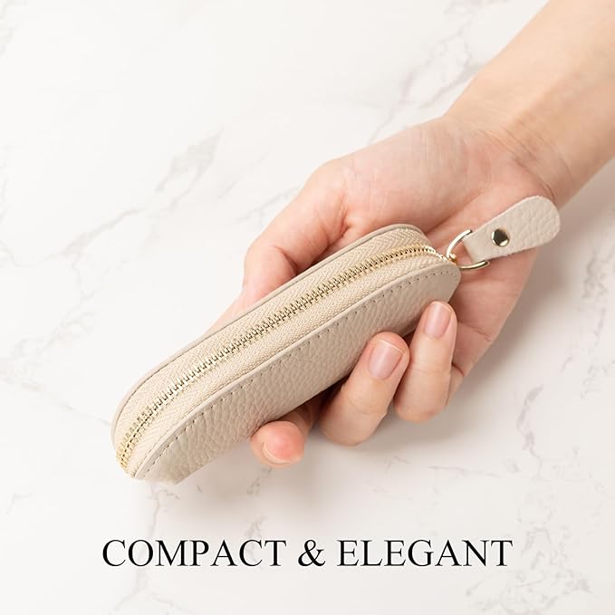 Full Grain Leather Coin Pouch - Travel Small Coin Purse with Zipper - Mini Key Pouch Change Purse for Women and Men (Off White)