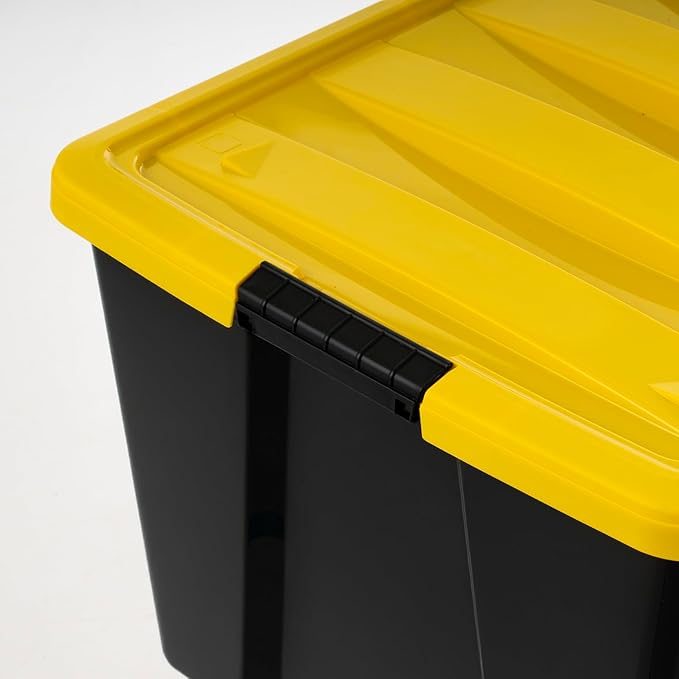 IRIS USA 72 Qt Stackable Plastic Storage Bins with Lids, 6 Pack - BPA-Free, Made in USA - Garage Organizing Solution, Latches, Durable Nestable Containers, Secure Pull Handle - Black/Yellow
