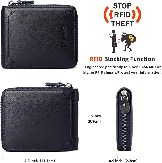Mens Genuine Leather Zipper Wallet RFID Secure Large Capacity Double Fold Multi-card Leather Wallets for Men and coin purse