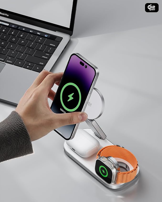 3-in-1 Charging Station for Apple Device, Qi2 25W Certified Magnetic Wireless Foldable Fast Charger Stand Compatible with MagSafe for iPhone 17e/17/16/15/14/13/12/Air Series, Apple Watch & AirPods