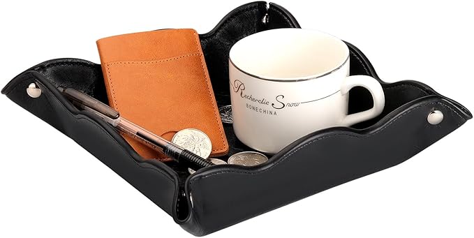Valet Tray for Men Women - PU Leather Travel Catchall Tray Organizer - Desk Bedside Nightstand Storage Box for Jewelry Key Phone Remote Controller Wallet Watch Glasses Coin Readers -Black