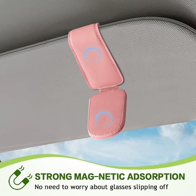 Sunglass Holder for Car, Sunglasses Clip for Car Visor, Magnetic Leather Vehicle Eyeglass Hanger Clip, Auto Ticket Card Glasses Organizer Clamp Accessories for SUV Sedan (Pink)
