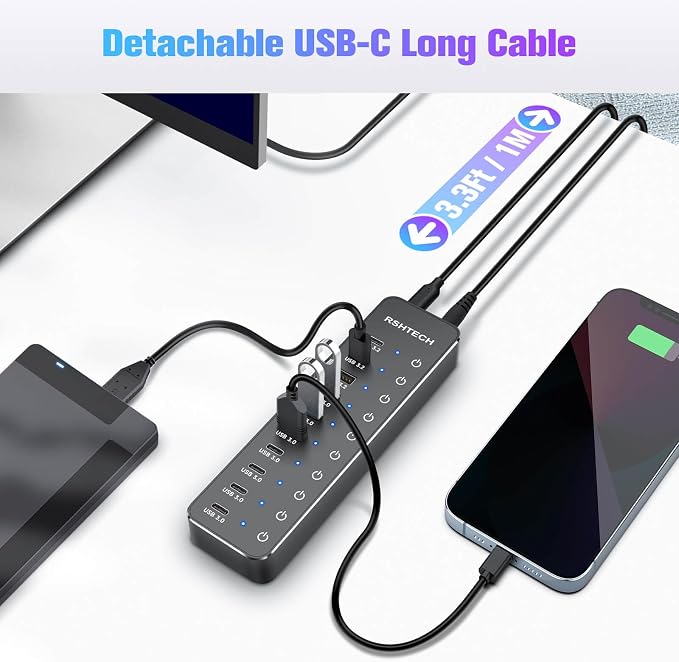 RSHTECH 10 Ports Powered USB 3.2/USB C Hub Splitter 60W with 3 x 10Gbps USB 3.2 Ports (2C + 1A),7 x USB 3.0 Ports (4C + 3A), 3.3ft Cable and Individual Touch Switches for Laptop PC