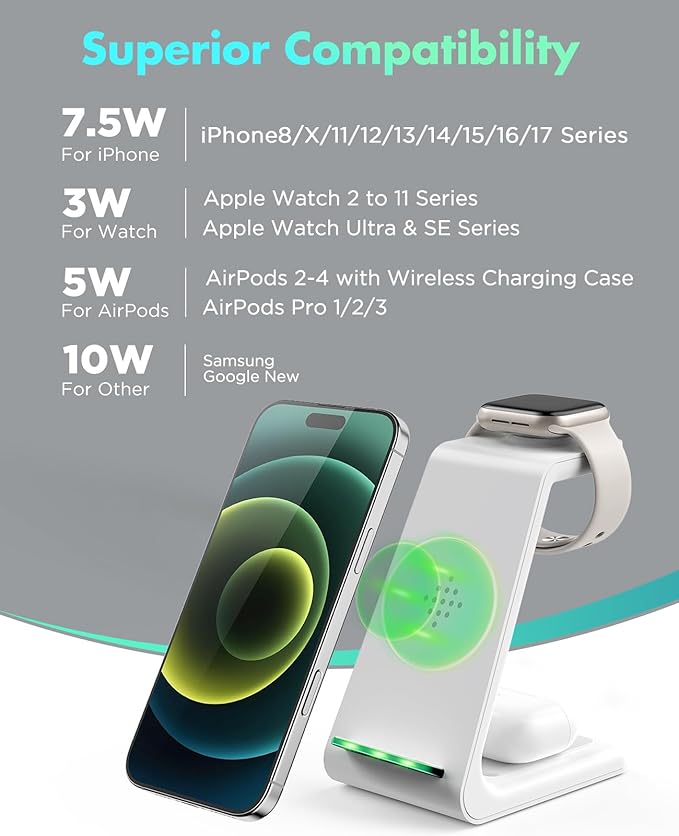 3 in 1 Wireless Charging Station, 2026 Upgraded Fast Desk Charger Station for iPhone 17 16 15 14 13 12 Pro Max Plus, Charger Stand for Apple Watch 11 10 9 8 7 6 5 4 3 2 Ultra SE, Airpods 4 3 2 Pro