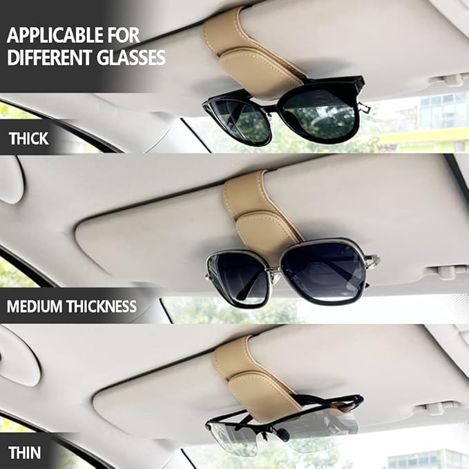 2Pcs Sunglass Holder for Car, Magnetic Leather Eyeglass Hanger Clip for Car Sun Visor, Sunglasses Holder and Ticket Card Clip for Car Visor Accessories (Beige)