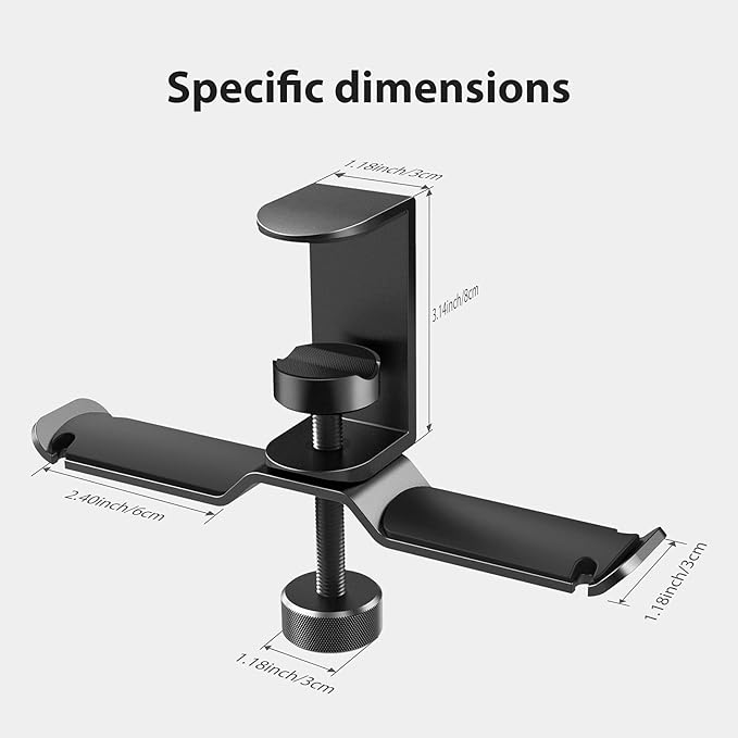 Dual Headphone Stand Hanger Under Desk, 360 Degree Rotating Aluminum Gaming Headset Holder with Adjustable Clamp, Universal Metal Earphone Hook Mount for All Headsets, Black