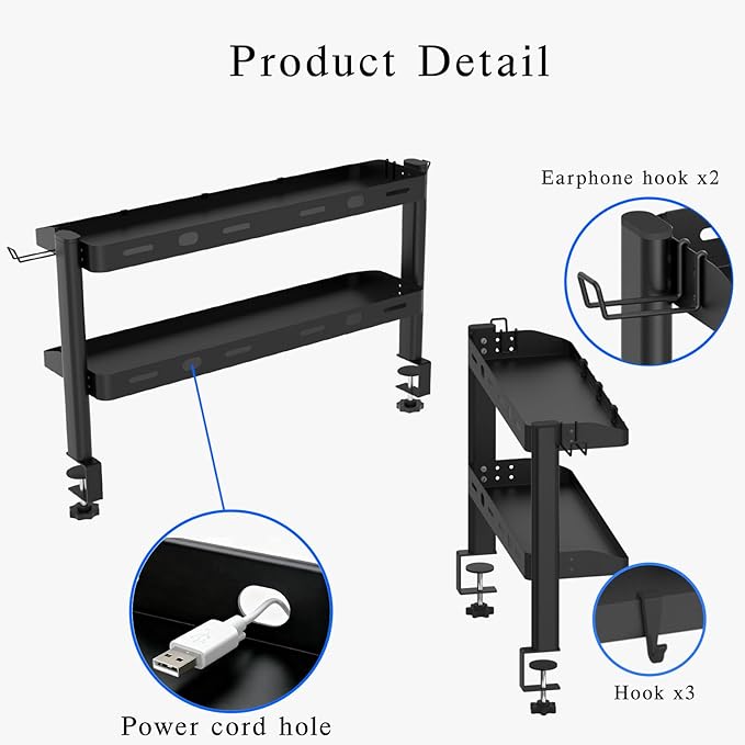 Clamp on Desk Shelf, 24in 2-Tier Office Desk Shelves Organizer, Shelf for Top of Desk with Headphone Holder and Hooks, Desktop Storage Rack for Home Workspace, Study Rooms, Gaming Accessories