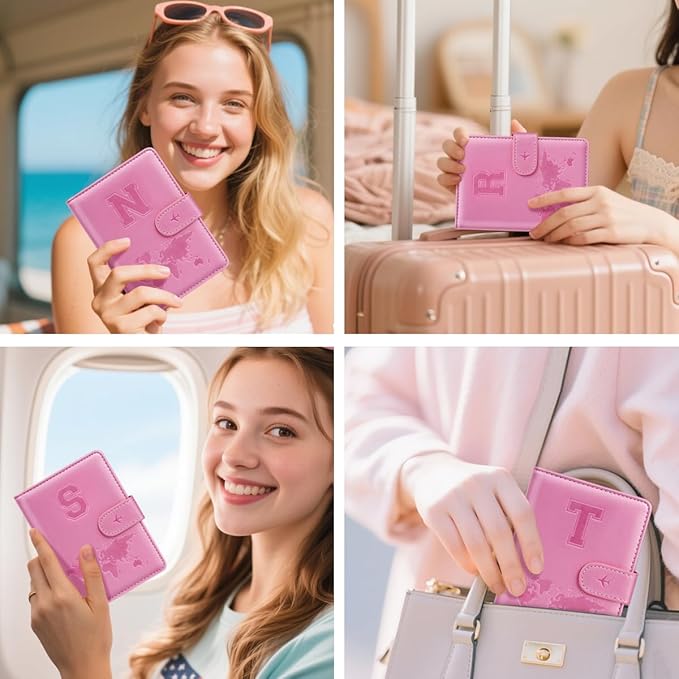 Passport Holder Cover Initail Letter A-Z Travel Wallet Embossed Design RFID Blocking Card Holder Personalized Gift Passport Cover Wallet, Passport Book Holders for Women and Girls, Pink-R