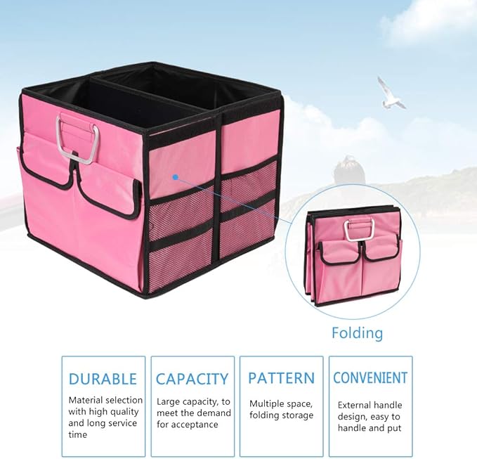 Car Trunk Organizer Collapsible Portable Multi Compartments Organizer with Non Slip Straps for SUV Truck Auto Vehicle Car Auto Minivan(Small without cover, Pink)