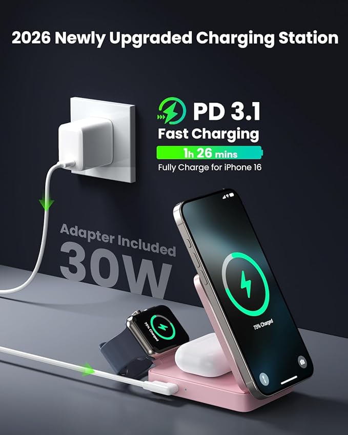 3 in 1 Wireless Charger Charging Station for iPhone,Travel Foldable Magnetic 15W Fast Wireless Charger Stand for Mag-Safe with 30W USB C Adapter for iPhone 17/16/15/14/13/12,Apple Watch,AirPods