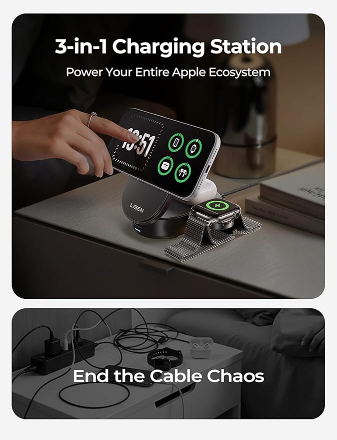 LISEN [Ultra-Fast 25W] 3-in-1 Charging Station for Apple, Qi2.2 25W Foldable Wireless MagSafe Charger Stand for iPhone 17/16/15/14/13 Pro Max, Apple Watch&AirPods, Travel Portable with 45W Adapter