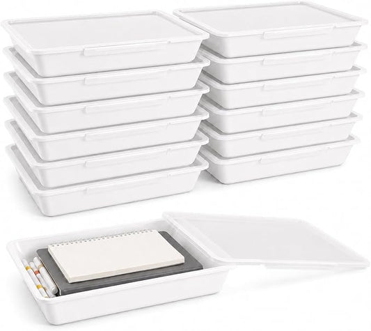 12 Pack Flat Storage Paper Tray with Clear Latching Lid Letter Size Organizer Bin Tray Plastic Latching File Organizer for Classroom Library School Office Teacher Desktop Book Organization (White)