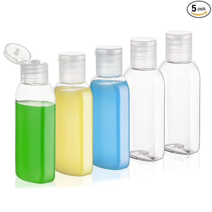 Travel Bottles for Toiletries 5 Pack 2oz TSA Approved Squeezable Travel Size Containers Leak-proof Shampoo and Conditioner Bottles Refillable Plastic Squeeze Bottle(Clear)