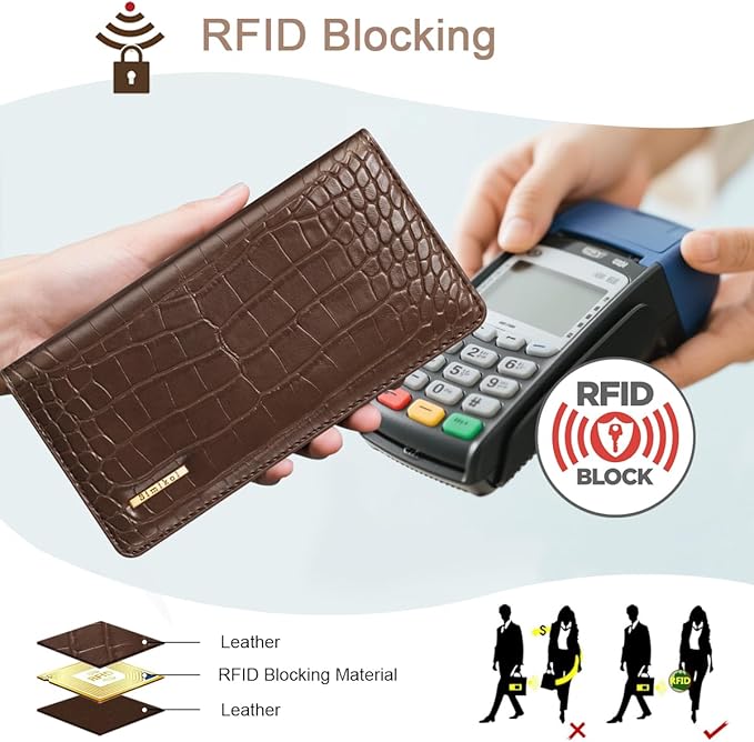Wallet Women Bifold Faux Crocodile Leather Minimalist Slim Thin Long Wallets RFID Blocking Credit Cards Holder Purse with Back Zipper Coin Pocket for Women and Men,Coffee
