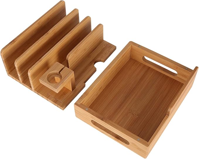 Bamboo Wood Multi-Device Desktop Charging Dock Station Charger Holder Cradle Charge Stand Compatible iPhone 16 15 14 13 Pro Max iPad Mini Pro Air Apple Watch Ulrta 10 9 8 7 6 5 4 3 2 iWatch Smartphone