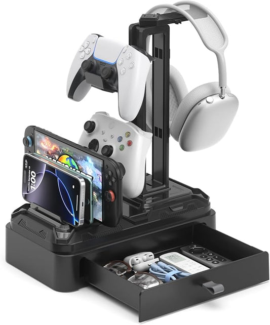 KDD Headphone Stand with Drawer - Rotatable Headset & Detachable Controller Holder for Desk - Multifunctional Organizer with Device Slot for Phones, Tablets - Universal for Gaming Accessories