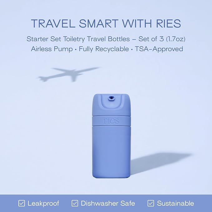 RIES Airless Pump Travel Bottles | Set of 3 Tsa Approved Leak Proof Containers | 1.7 oz BPA Free Refillable Travel Size Bottles | Runway Blue