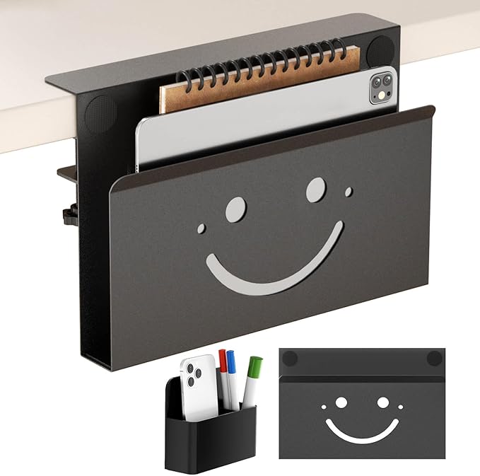 Onemake Desk Side Storage, Funny Smile No Drill Laptop Holder, Clamp on Desks Shelf with Magnetic Pen Holder, Hanging Desk Organizer for Home Office, Fits Flat Edge Tables 0.4" to 2.3"