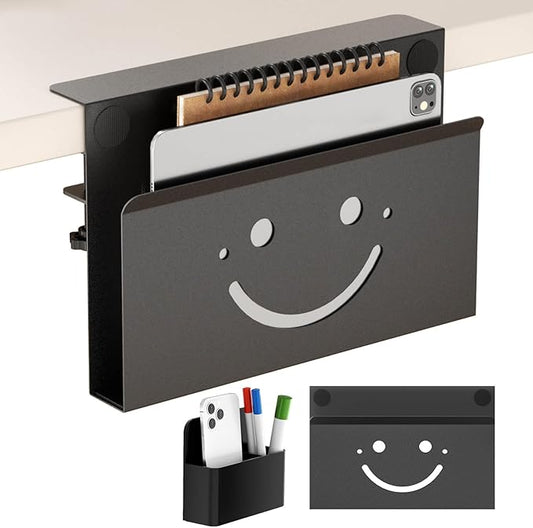 Onemake Desk Side Storage, Funny Smile No Drill Laptop Holder, Clamp on Desks Shelf with Magnetic Pen Holder, Hanging Desk Organizer for Home Office, Fits Flat Edge Tables 0.4" to 2.3"
