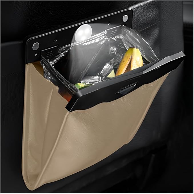 Smart LED Car Trash Can, Magnetic Leather Passenger Side Storage Pocket with Disposable Rubbish Bags, Waterproof Garbage Bag Multipurpose Hanging Container for Back Seat (Beige)