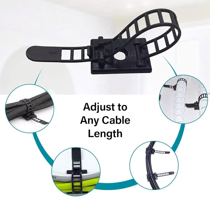 50PCS Adjustable Cable Tie Mounts – Adhesive Cord Clips with Screw Hole, Reusable Cable Organizer for Desk TV PC Gaming Wire Management, Black – Cable Tie Up