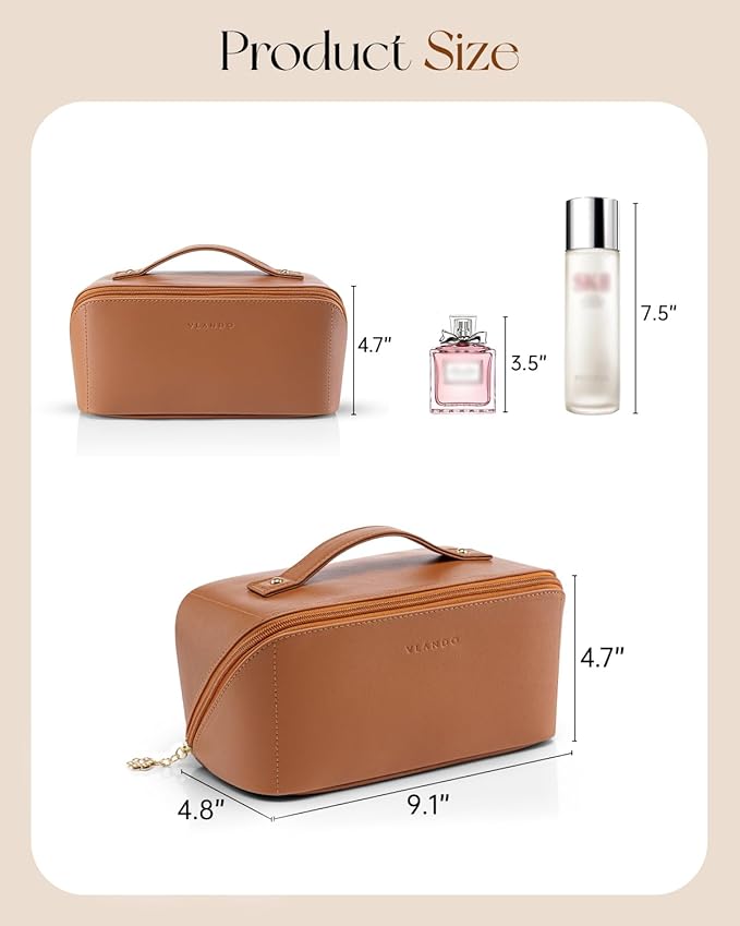VLANDO Makeup Bag,Travel Toiletry Bag,Cosmetic Bag for Women PU Leather Portable Make up Bag for Skincare, Brushes & Travel Essentials-Brown