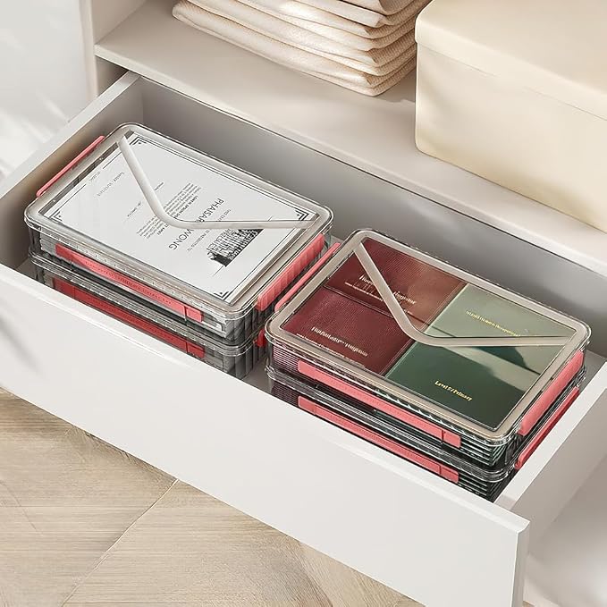 Clear Storage Box with Latch, 2 Pack, Stackable | Clear plastic project case with Red latch. Portable stackable storage for A4 files, scrapbooks, art supplies. Small size.