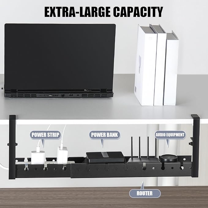 No Drilling Extendable Under Desk Cable Management, Metal Cable Tray Under Desk with Clamp, Retractable Power Strip Cord Holder for Wire