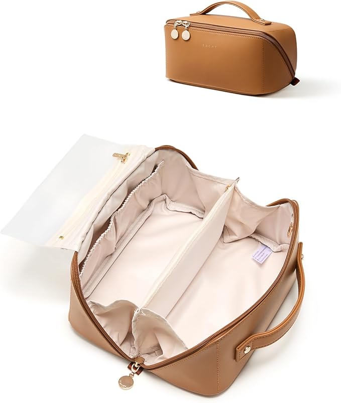 EACHY Travel Makeup Bag, Large Capacity Cosmetic Bag for Women, Waterproof PU Leather, Flat Open Portable Toiletry Bag for Skincare, Brushes & Travel Essentials