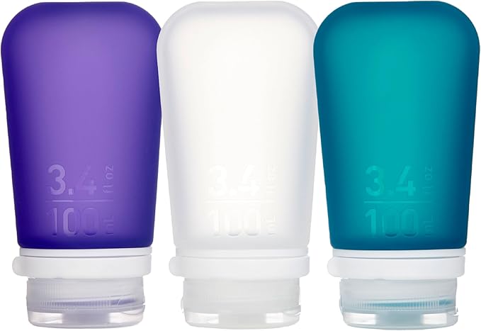 humangear GoToob+ Bottles - Silicone Leak-Proof Travel Tubes for Toiletries, Camping & TSA Carry-On (3-Pack), Large (3.4 fl oz; 100ml), Clear/Purple/Teal