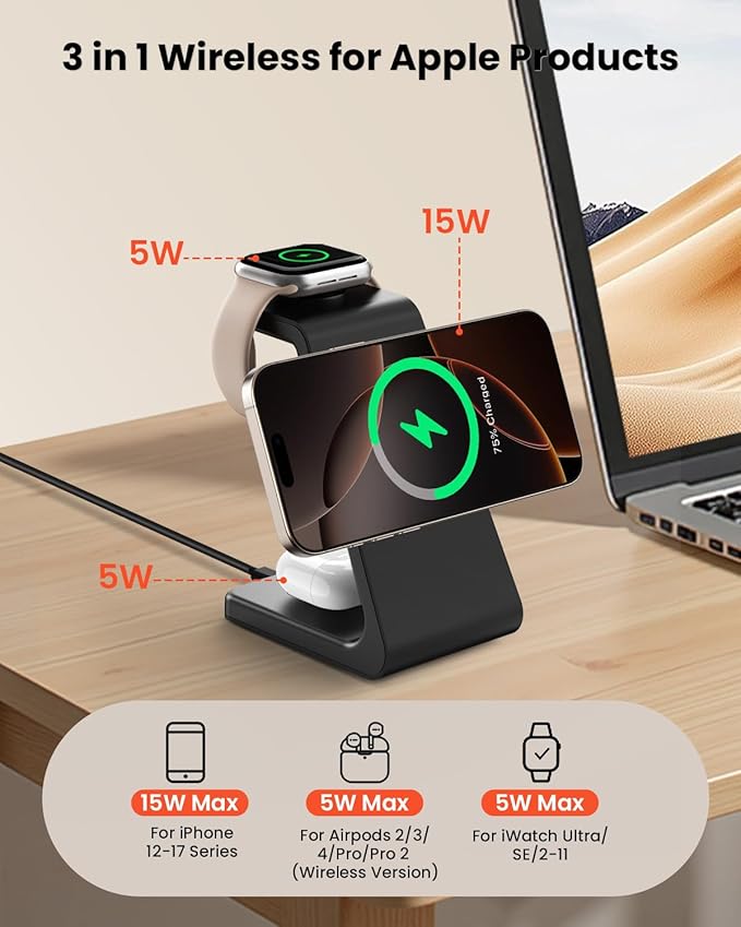 Magsafe Wireless Charging Station for iPhone: 3 in 1 15W Magnetic Portable Desktop Charging Station Qi2 Certified Charger Stand for iPhone17/16/15/14/13/12 Series, Apple Watch, AirPods 4/3/2/Pro