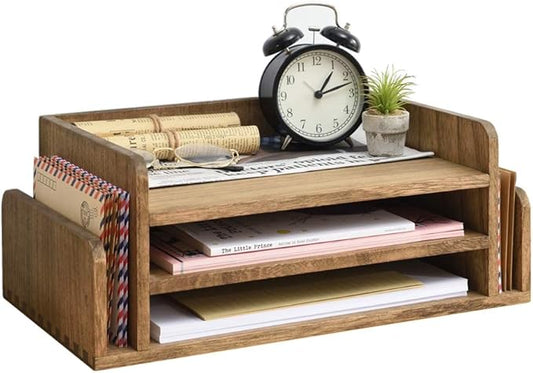 KIRIGEN Wood Desk Organizer 5 Trays, 3-Tier Desktop Document Letter Tray with Side Slots, Fully Assembled Mail Sorter and File Folder Holder for Home Office, Brown 2TP-DBR