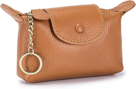 Small Genuine Leather Coin Purse with Keychain, Earth Yellow Zipper Change Pouch for Women, Soft Mini Wallet Organizer for Cash Coins Cards, Compact Keychain Wallet for Purse Backpack