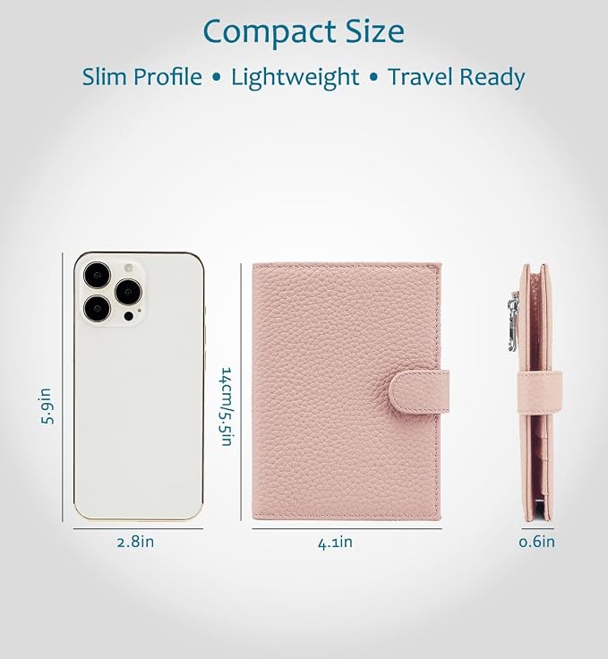 Leather RFID Slim Passport Holder for Travel Women, Gift Ready | Pink Passport Wallet for Women with RFID Protection, Passport Cover, Card Slots, Zipper Coin Pocket, Travel Organizer