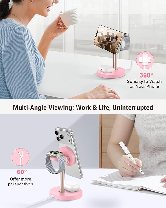 3 in 1 Magnetic Wireless Charging Station, 15W Fast Charger Stand for iPhone, Phone Charger Stand for Desk Nightstand, for iPhone 17/16/15/14/13/12, Apple Watch & AirPods, Adapter Not Included -Pink