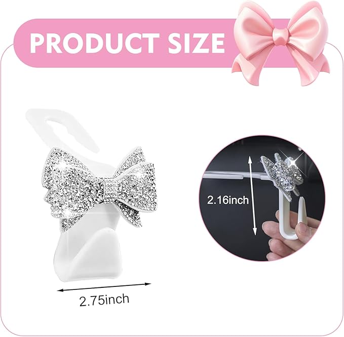 2 PCS Bling Bow Car Headrest Hook, Diamond Sparkling Invisible Seat Headrest Hooks, Vehicle Storage Organizer with Butterfly Bow Vent Clip for Purses, Bags, Groceries (White)