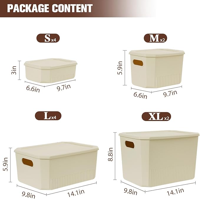 ANMINY 12PCS Plastic Storage Bins Containers with Lids, Large Storage Organization Bins Boxes, Lidded Plastic Storage Baskets for Closet Shelves Desktop, Ivory Lids, 2XL + 4L + 2M + 4S