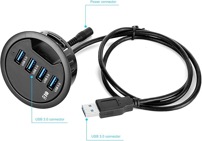WDX Grommet Hole in Desk USB 3.0 4 Port Hub/BC 1.2 USB Charger, for iPad/Tablet and iPhone/Smart Phones