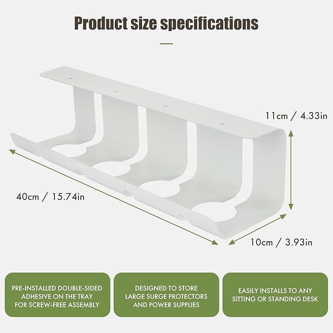 Desktop Metal Cable Management Tray 40x10x11cm - Multipurpose, Movable, No-Assembly Organizer - Modern Minimalist for Office Desks
