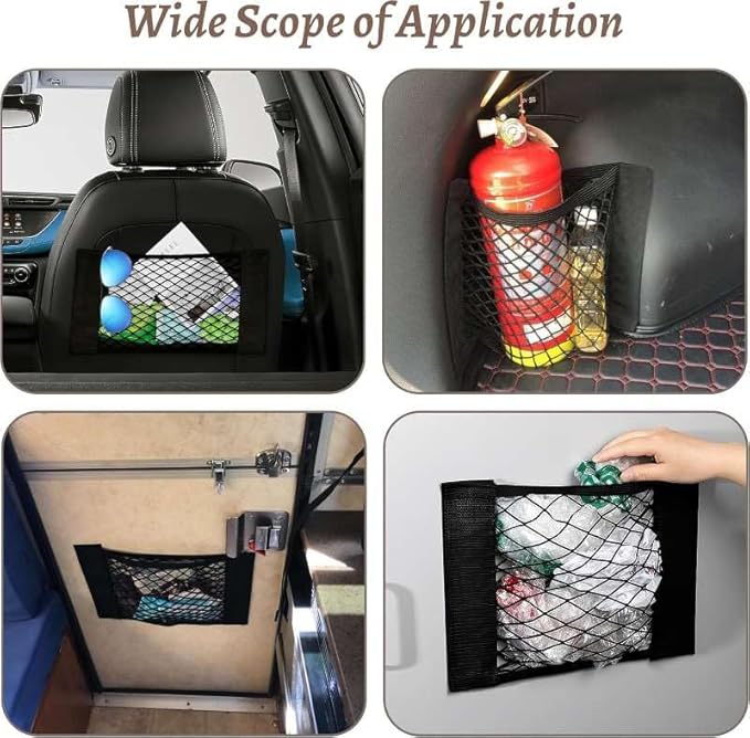 2 Pcs Back Seat Car Organizer Net for SUV, RV Inside Storage Organization Universal Cargo Mesh Bags, Adhesive Elastic Net Holder Accessories Pouch for Trunk, Camper, Car Ceiling, Front Seat, Boat