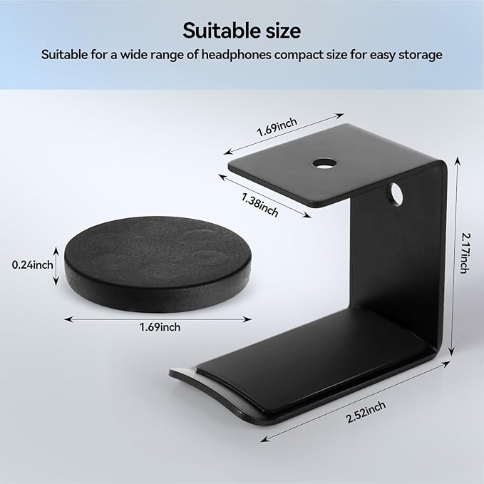 Magnetic Headphone Holder, Headset Hooks, Aluminum Headphone Hanger for Desk & Table, Headphone Mount Stand with Rubber Pad, Compatible with All Gaming Headsets (Black)