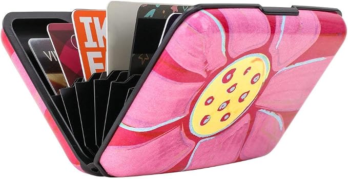 ELFISH RFID Blocking Credit Cards Holder Aluminum Wallet Metal ID Case for Men Women (Big pink flower)