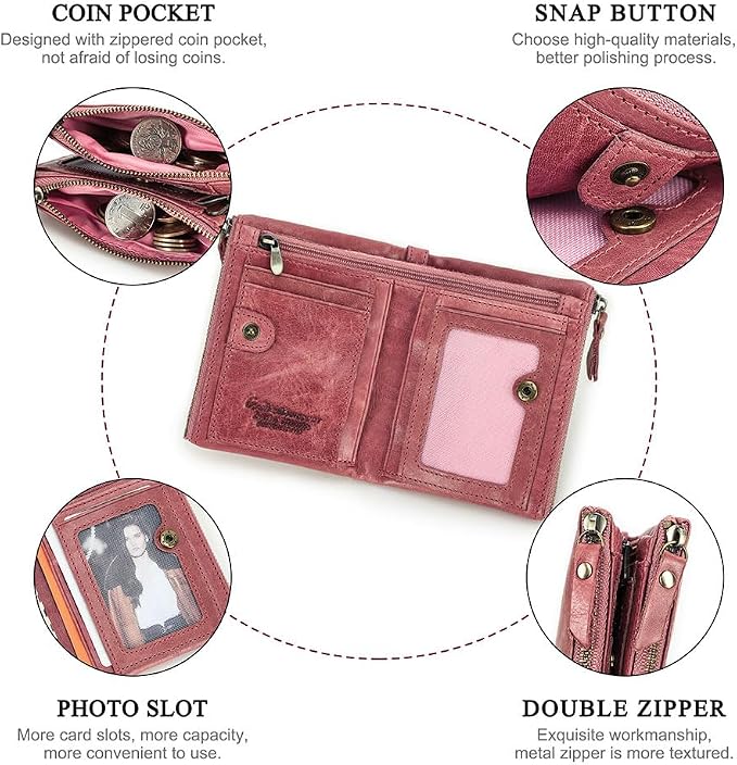 CONTACTS Soft Leather Wallet for Women Small Bifold Coin Purse Double Zipper Card Holder with RFID Blocking (Rose Tan)
